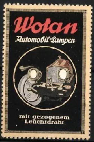 Reklamemarke Wotan, Automobil-Lampen, Auto mit Scheinwerfern