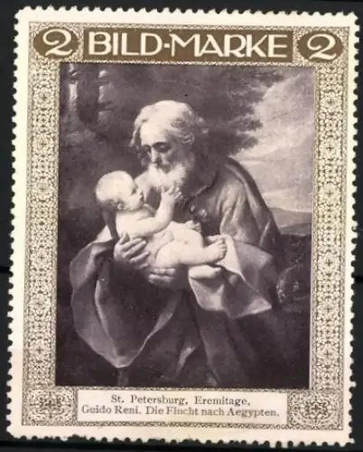 Künstler-Reklamemarke sign. Guido Reni: St. Petersburg, Eremitage, Die Flucht nach Aegypten, Bild eines Mannes mit Kind
