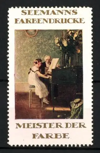 Reklamemarke Seemann`s Farbendrucke, Druckwesen, Mädchen am Klavier