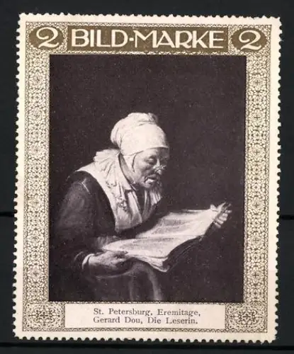 Reklamemarke sign. Gerard Dou: St. Petersburg, Eremitage, Die Leserin, ältere Frau beim Lesen