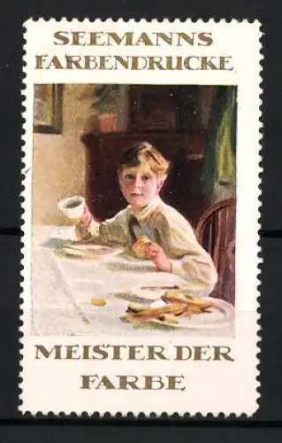 Reklamemarke Seemanns Farbendrucke, Druckwesen, Junge beim Frühstück