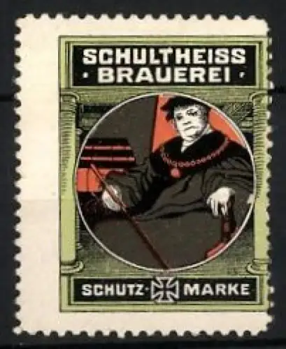 Reklamemarke Schultheiss Brauerei, Bierbrauerei, Gelehrter im Porträt, Eisernes Kreuz
