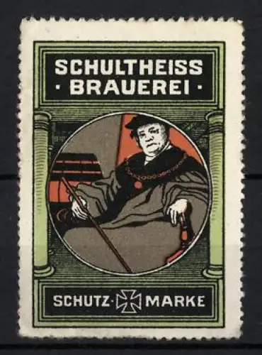 Reklamemarke Schultheiss Brauerei, Bierbrauerei, Gelehrter im Portrait, Eisernes Kreuz