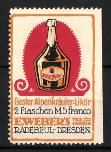 Reklamemarke Radebeul & Dresden, E. Weber, Alpenkräuter-Likör, Versiegelte Flasche