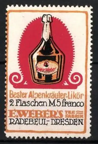 Reklamemarke Radebeul & Dresden, E. Weber, Alpenkräuter-Likör, Versiegelte Likörflasche