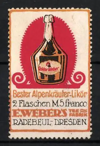 Reklamemarke Radebeul & Dresden, E. Weber, Alpenkräuter-Likör, Versiegelte Flasche