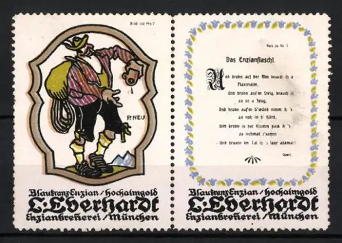 Künstler-Reklamemarke sign. P. Neu: München, L. Eberhardt, Enzianbrennerei, Bergsteiger mit Flasche