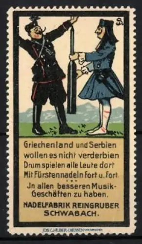 Künstler-Reklamemarke Sigmund von Suchodolski, Schwabach, Nadelfabrik Reingruber, Grammophonnadeln, Zwei Soldaten