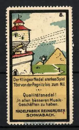 Reklamemarke Schwabach, Nadelfabrik Reingruber, Grammophon-Nadeln, Grammophon mit Klingsor Nadel auf einer Burg