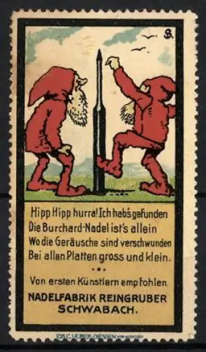 Reklamemarke Schwabach, Nadelfabrik Reingruber, Grammophon Nadeln, Zwerge mit Nadel