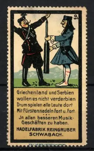 Reklamemarke Schwabach, Nadelfabrik Reingruber, Grammophon-Nadeln, Zwei Soldaten mit grosser Nadel