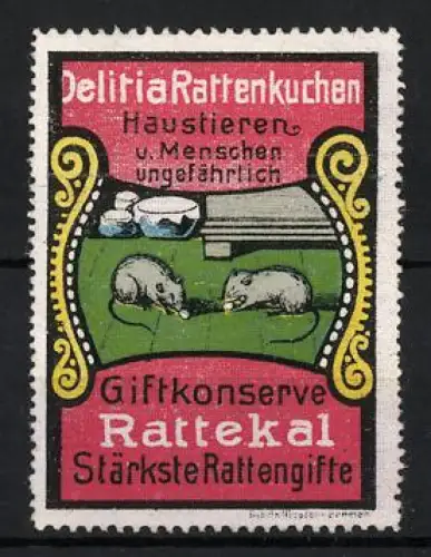 Reklamemarke Delitia Rattenkuchen, Giftkonserve Rattekal, Rattengift, Ratten beim Giftfressen