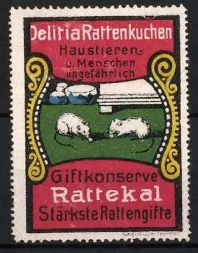 Reklamemarke Delitia Rattenkuchen, Rattengift, Giftkonserve Ratekal, Ratten essen das Gift