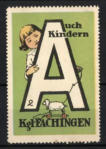 Reklamemarke Fachingen, Königlich Fachingen, Mineralwasser und Heilwasser, Kind mit Spielzeugschaf, grün