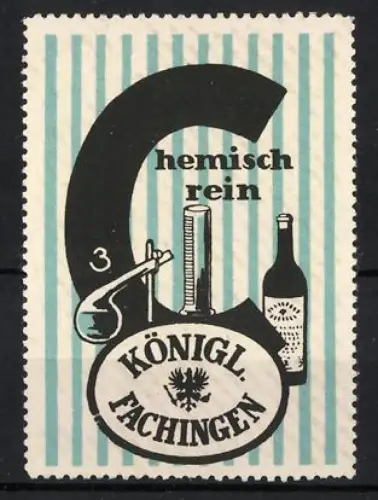 Reklamemarke Königl. Fachingen, Mineralwasser, Chemisch rein, Flasche und Laborausrüstung