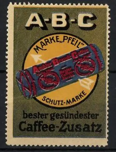 Reklamemarke Aechter Brandt-Caffee, Caffee-Zusatz, Pfeil Schutzmarke, Verpackung auf gelbem Kreis