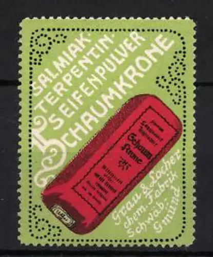 Reklamemarke Schwäb. Gmünd, Grau & Locher, Salmak Terpentin Seifenpulver Schaumkrone, Rotes Seifenpaket