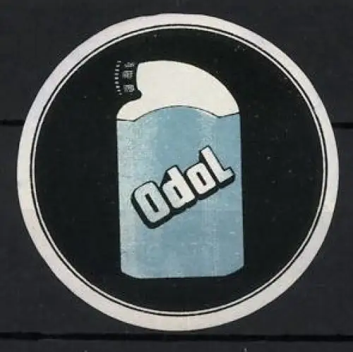 Reklamemarke Odol, Flasche mit Logo in hellem Kreis