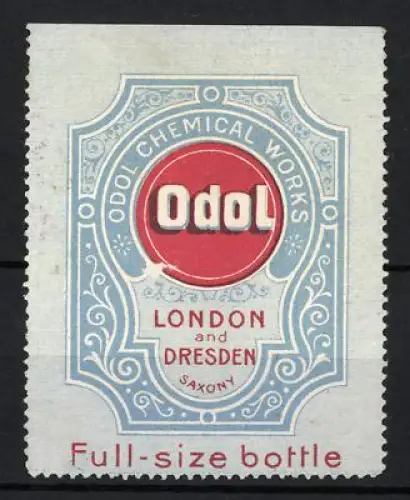 Reklamemarke London & Dresden, Odol Chemical Works, Mundspülung und Zahnpflegeprodukt, Logo im Kreis