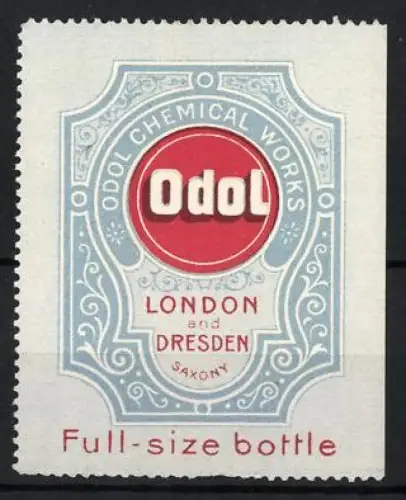 Reklamemarke London & Dresden, Odol Chemical Works, Mundspülung und Zahnpflege, rotes Logo