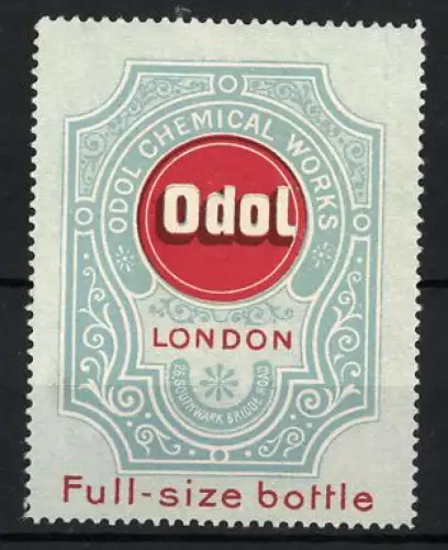 Reklamemarke London, Odol Chemical Works, Zahnpflege und Mundspülung, Logo auf rotem Grund