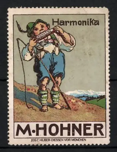 Reklamemarke M. Hohner, Handzuginstrumentenmacher für Harmonika, Junge mit Harmonika auf Bergwiese