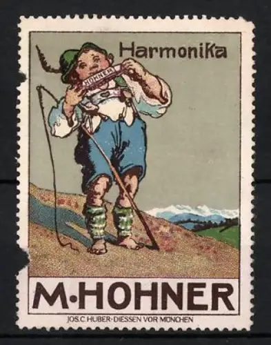 Reklamemarke M. Hohner, Handzuginstrumentenmacher für Harmonika, Junge mit Harmonika und Angel