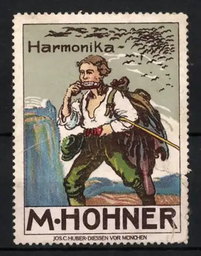 Reklamemarke M. Hohner, Handzuginstrumentenmacher für Harmonika, Wanderer mit Mundharmonika