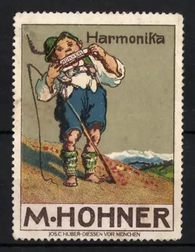 Reklamemarke M. Hohner, Handzuginstrumentenmacher für Harmonika, Kind mit Harmonika