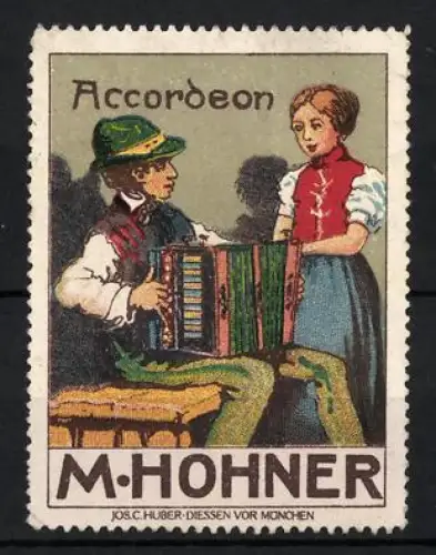Reklamemarke M. Hohner, Handzuginstrumentenmacher für Akkordeon, musizierendes Paar