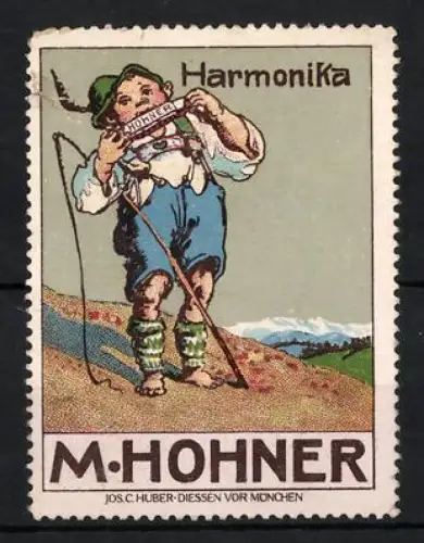 Reklamemarke M. Hohner, Handzuginstrumentenmacher für Harmonika, Spielender Junge