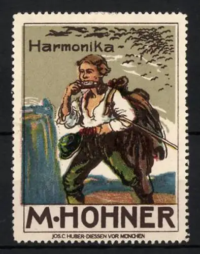 Reklamemarke M. Hohner, Handzuginstrumentenmacher für Harmonika, Mann mit Harmonika