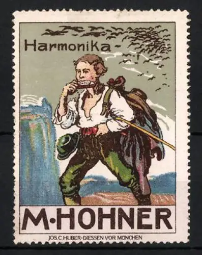 Reklamemarke M. Hohner, Handzuginstrumentenmacher für Harmonika, Wanderer mit Rucksack und Harmonika im Gebirge