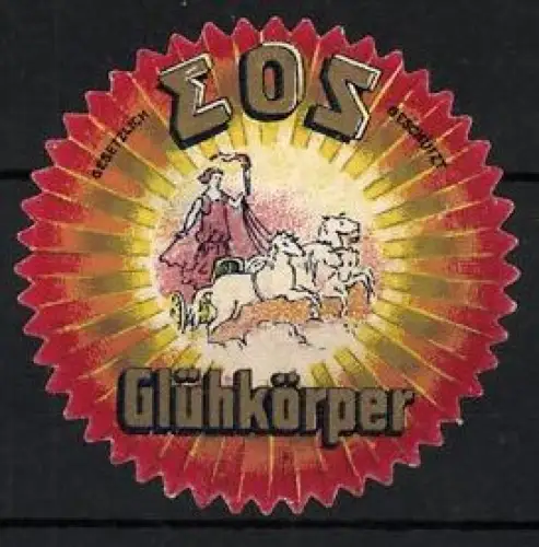 Reklamemarke EOS Glühkörper, Glühlampen, Göttin Eos auf Sonnenwagen mit Pferden