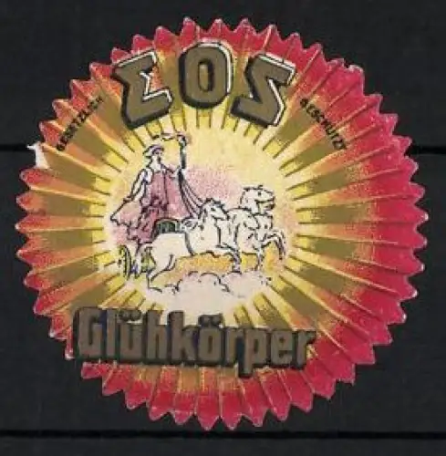 Reklamemarke EOS Glühkörper, Glühlampen, Göttin Eos auf Sonnenwagen