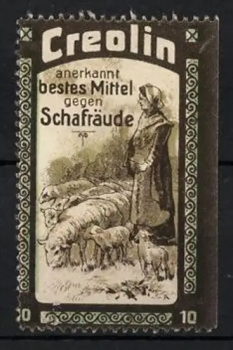 Reklamemarke Creolin, Medikament gegen Schafräude, Schäferin mit Herde