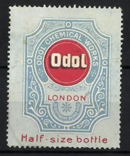 Reklamemarke London, Odol Chemical Works, Mundwasser und Zahnpflege, Logo auf rotem Grund