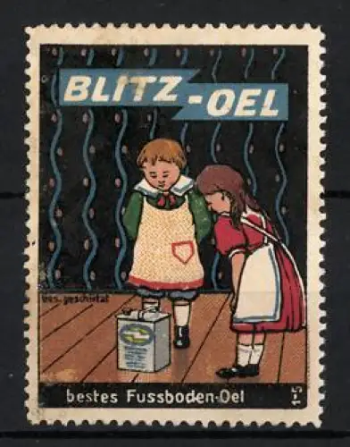 Reklamemarke Blitz-Oel, Fussboden-Öl und Politur, Kinder auf Holzboden