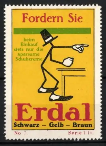Reklamemarke Erdal, Schuhcreme, stilisierte Figur zeigt über den Tisch
