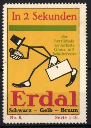 Reklamemarke Erdal, Schuhcreme, laufender Mann mit Koffer und Taschenuhr