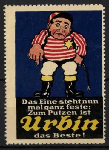 Reklamemarke Urbin, Schuhputzmittel, Mann mit gestreiftem Hemd und Stern auf der Brust