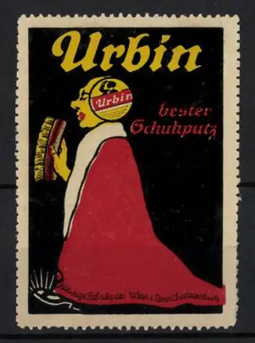 Reklamemarke Charlottenburg, Urban & Lemm, Urbin, Schuhputzmittel, Person mit Schuhbürste und rotem Mantel