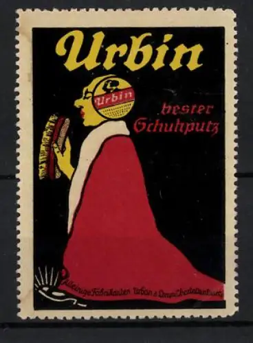 Reklamemarke Charlottenburg, Urban & Lemm, Urbin, Schuhputzmittel, Person mit Bürste und rotem Mantel