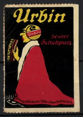 Reklamemarke Charlottenburg, Urban & Lemm, Urbin, Schuhputzmittel, Person mit Schuhbürste und rotem Mantel