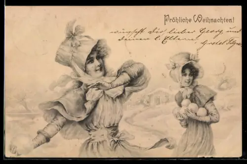 Künstler-AK M. Munk: Frauen bei einer Schneeballschlacht, Weihnachtsgruss