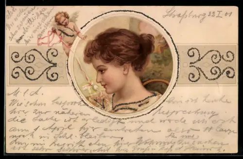 AK Amor mit Blume für junge Frau, Jugendstil
