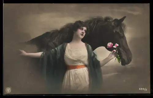 Foto-AK NPG Nr. 689 /5: Junge Frau mit ihrem Pferd