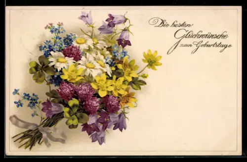 Künstler-AK Meissner & Buch (M&B): Bunter Blumenstrauss mit Klee, Geburtstagsgruss