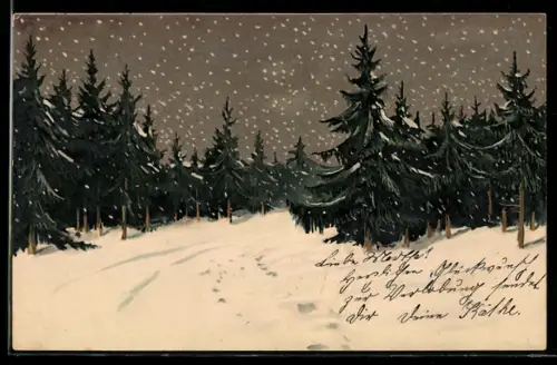 Künstler-AK Meissner & Buch (M&B): Partie an einem verschneiten Waldweg bei Nacht