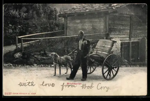 AK Milchverkäufer mit seinem Karren vor einer Hütte, Hundegespann